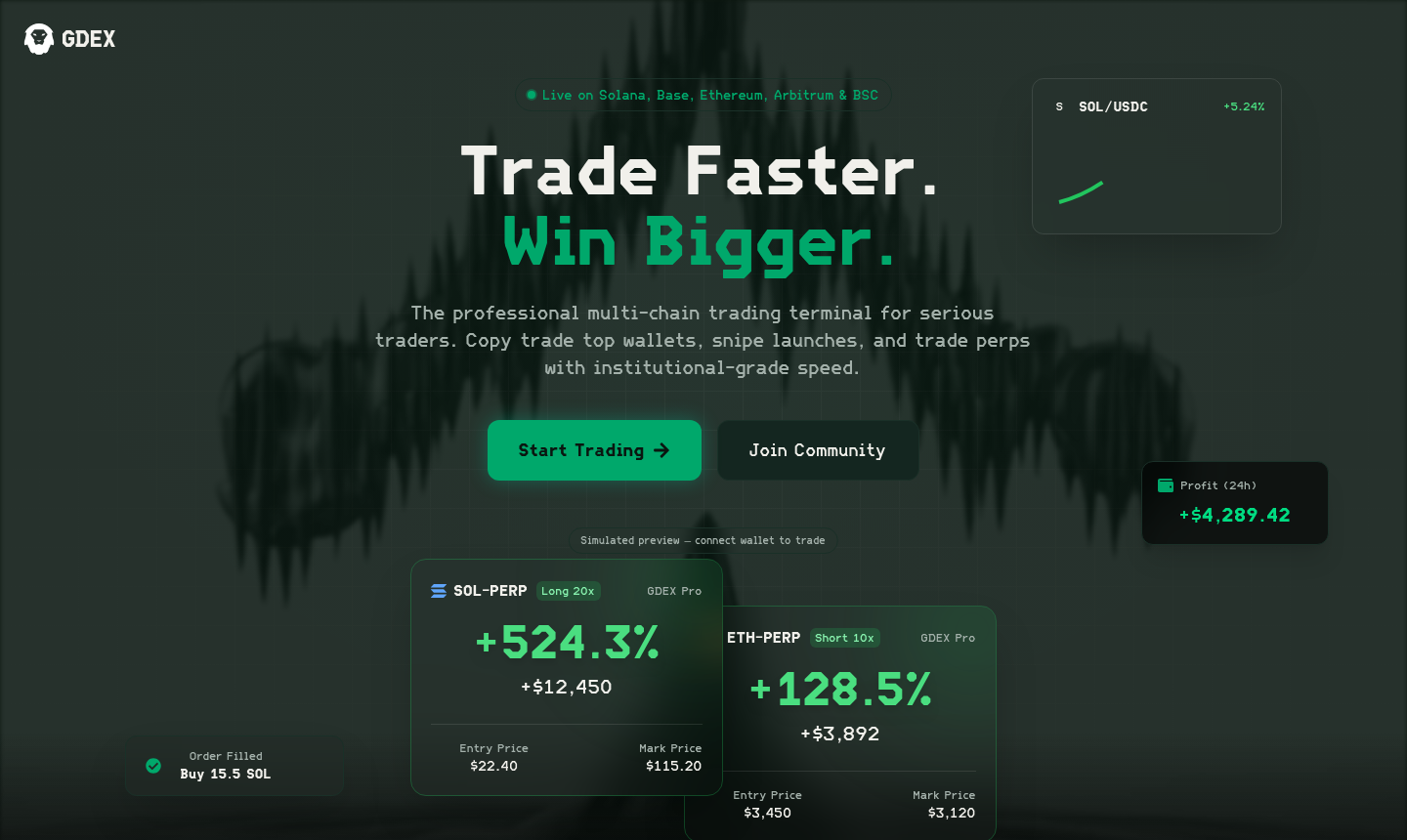 GDEX Pro trading terminal landing page — Trade Faster, Win Bigger — with a live simulated multi-chain trading preview