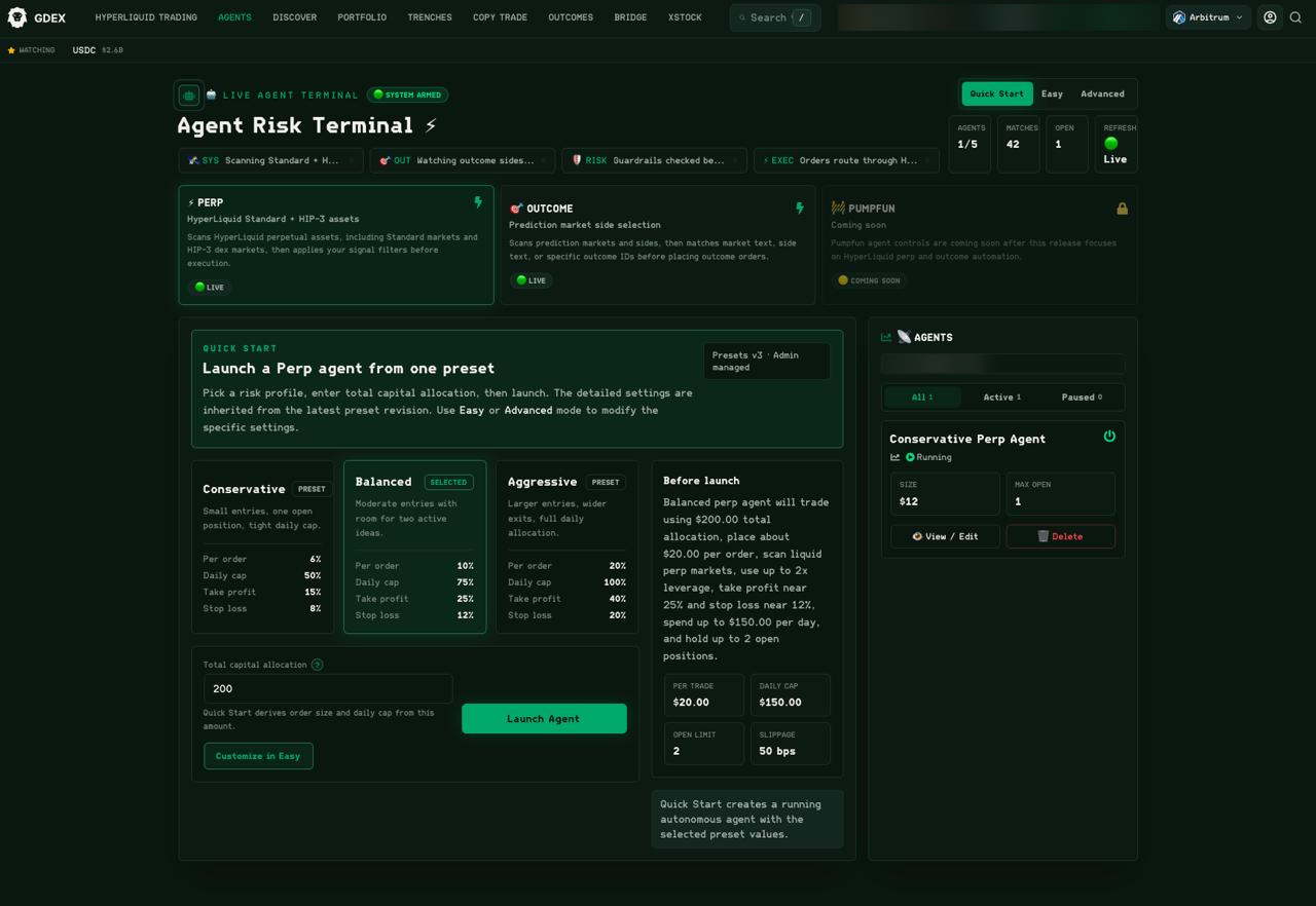 GDEX Pro Agent Risk Terminal showing a SYSTEM ARMED pill, Quick Start, Easy and Advanced tabs, counters reading AGENTS 1 of 5, MATCHES 42 and OPEN 1, module cards for PERP and OUTCOME marked LIVE with PUMPFUN locked, and an AGENTS side panel listing a Conservative Perp Agent as Running.