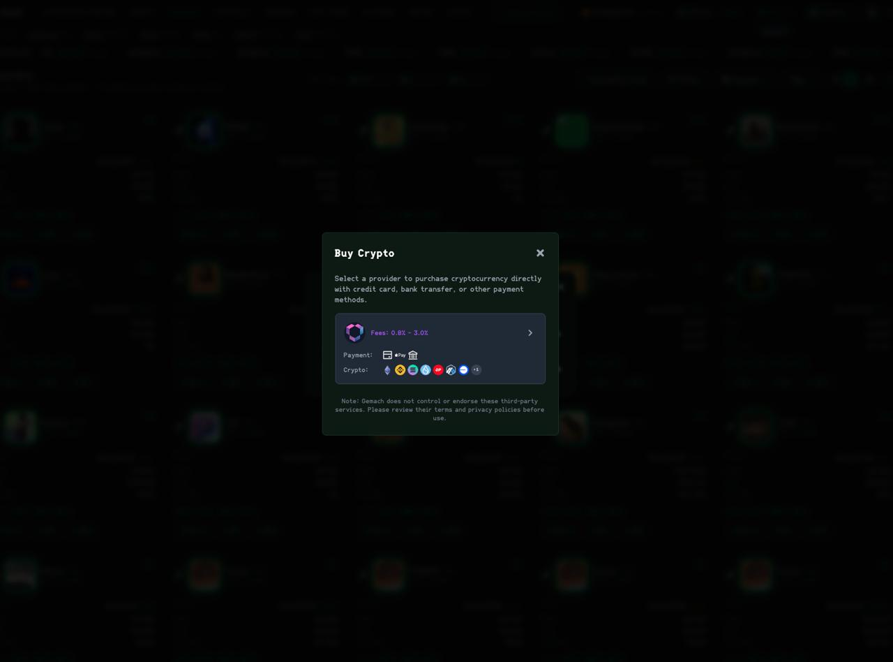 GDEX Pro Buy Crypto modal: a single provider row labelled Fees 0.8% to 3.0%, a Payment line showing card, Apple Pay and bank transfer icons, and a Crypto line of supported token icons.