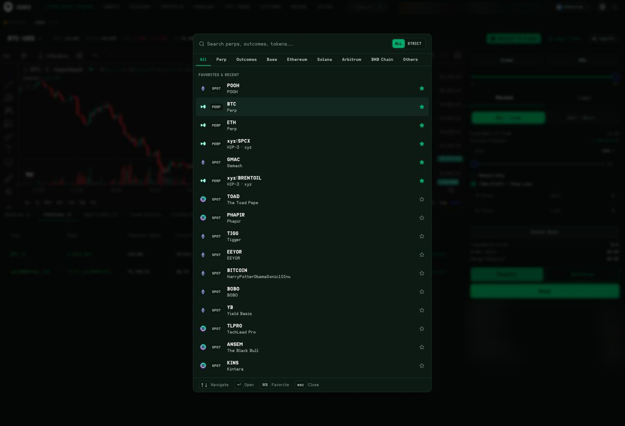 GDEX Pro search overlay with an empty field reading Search perps, outcomes, tokens, an ALL / STRICT toggle at the top-right, filter tabs for All, Perp, Outcomes, Base, Ethereum, Solana, Arbitrum, BNB Chain and Others, and a FAVORITES AND RECENT list of entries tagged SPOT or PERP with star icons.